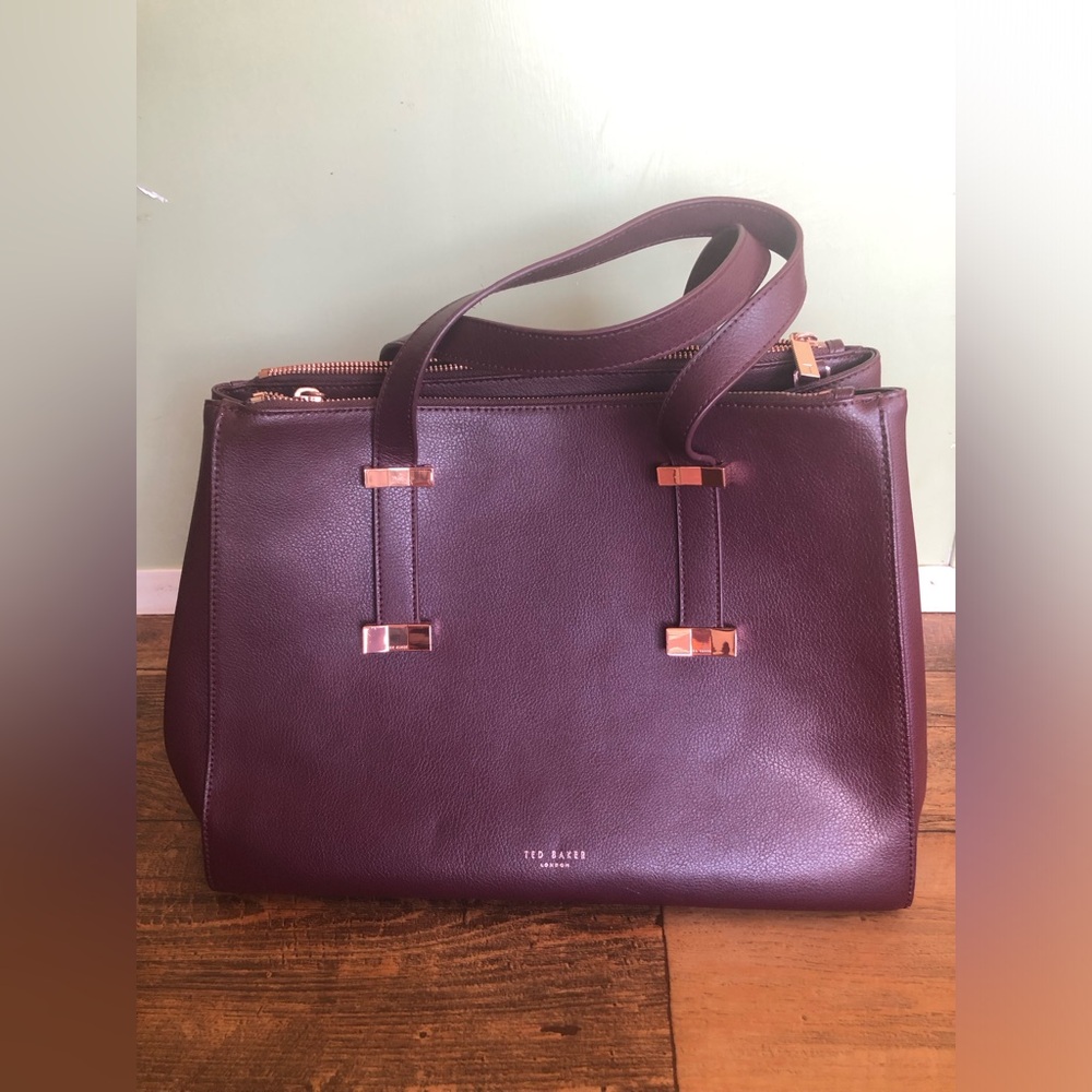 Ted Baker London Judiith Purple Tote Bag Purse Rose Gold Tone Zipper 14x9”